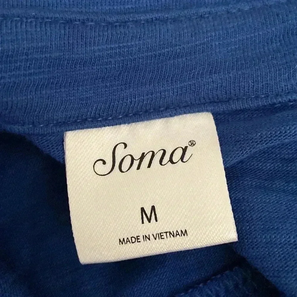 Soma Size M Blue 3/4” Sleeve Slub Collar Button Down Modal Blouse Tee Top